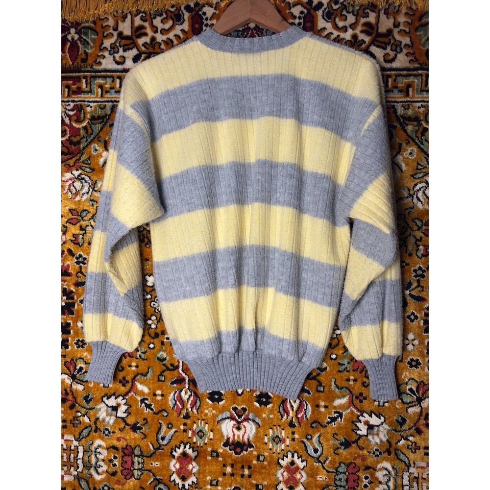 90s VTG Oversized Butter Yellow Striped Ribbed Crewneck Cotton Knit Sweater sz L - Picture 6 of 10